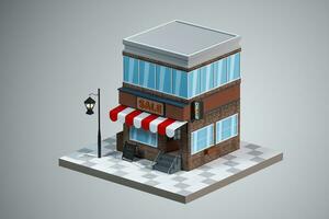 tekenfilm op te slaan, modern winkel gebouw, 3d weergave. foto