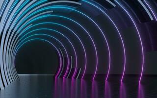 donker tunnel met neon gloeiend lijnen, 3d weergave. foto