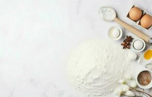 bakken achtergrond. Koken ingrediënten voor deeg, eieren, meel, suiker, boter, rollend pin Aan wit stijl keuken foto