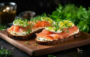 rogge brood geroosterd brood bekroond met room kaas, avocado, en gerookt Zalm. perfect voor ontbijt, lunch, voorafje of tussendoortje. foto