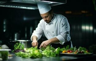 een mannetje chef is toevoegen sommige kruiden net zo een garneer naar een schotel in een reclame keuken, onder een helder licht. foto