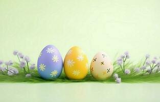 kleurrijk Pasen eieren met bloemen en groen gras. Pasen eieren verdwijnen Aan een licht geel achtergrond. foto