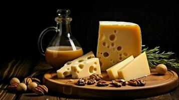 wig van Zwitsers kaas met kruik van melk Aan een oud houten tafel. detailopname van bord met kaas, melk kruik, noten en honing Aan een donker achtergrond foto