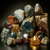goud, zilver, ruw diamanten, bauxiet, hematiet, pyrolusiet, loodglans, pyriet, chromiet, lepidoliet, en chalcopyriet. verzameling van stenen geëxtraheerd in Brazilië, mineralogie. foto