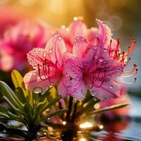 azalea, zonsopkomst bloemen water landschap zoom dichtbij omhoog kleur geurig mooi bijzonder roze generatief ai foto