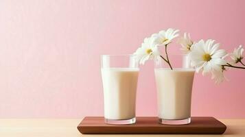 twee glas van melk met bloem Aan een houten tafel in een roze achtergrond, voedzaam en gezond zuivel producten concept. foto