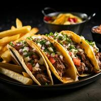 rundvlees smakelijk taco's geserveerd met gouden Frans Patat zwart achtergrond. foto