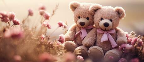 paar teddy bears knuffelen bloemen tuin groen gras, Valentijnsdag dag concept. generatief ai foto