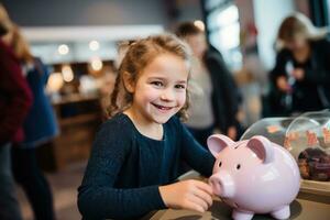 meisje besparing omhoog voor een speelgoed- foto