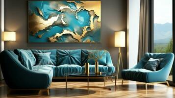 blauw sofa in wit leven kamer interieur met 3d renderen foto