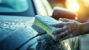 arbeider het wassen auto met auto wassen spons foto