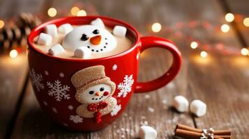 een Kerstmis mok van heet chocola met weinig sneeuwman vormig marshmallows foto