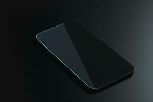 de zwart mobiel telefoon Aan de zwart tafel, 3d weergave. foto