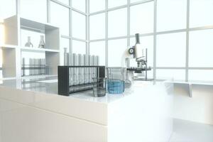 experimenteel inrichting met een leeg laboratorium, wit achtergrond,3d weergave. foto