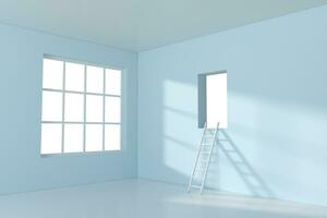 conceptuele kamer met een ladder lood naar buiten, 3d weergave. foto