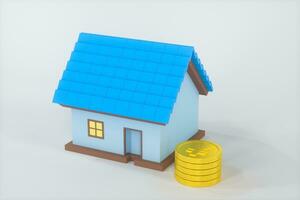 de klein huis model- naast de gouden munten, 3d weergave. foto