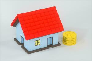 de klein huis model- naast de gouden munten, 3d weergave. foto