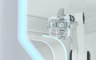 robot armen in de wit futuristische kamer, 3d weergave. foto