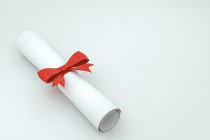 diploma, papier rol met rood lint geïsoleerd Aan wit achtergrond, 3d weergave. foto