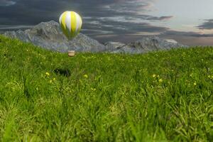 vliegend hete lucht ballon over- de gras veld, 3d weergave. foto