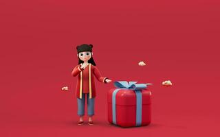 een Chinese meisje en cadeaus met rood achtergrond, 3d weergave. foto