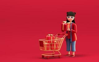 een Chinese meisje en cadeaus met rood achtergrond, 3d weergave. foto