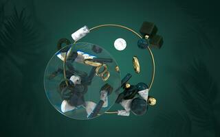 de creatief geometrieën met metaal cirkels, 3d weergave. foto