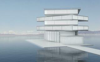 de modern concept architectuur Aan de water, 3d weergave. foto