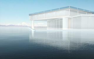 de modern concept architectuur Aan de water, 3d weergave. foto