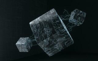 kubussen met zwart achtergrond, wetenschap en technologie, 3d weergave. foto