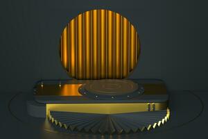 ronde Product stadium met gouden decoratie, 3d weergave. foto