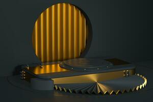 ronde Product stadium met gouden decoratie, 3d weergave. foto