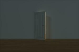 houten deur met wit nacht tafereel, 3d weergave. foto