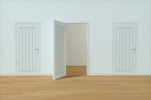 houten deur met wit muur achtergrond, 3d weergave. foto