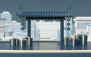 Chinese poort met wit model- dorp, vertalen zegen , 3d weergave. foto