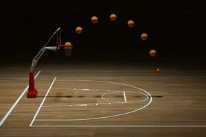 basketbal rechtbank met houten vloer, 3d weergave. foto