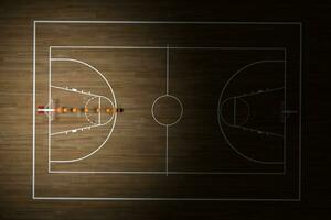 basketbal rechtbank met houten vloer, 3d weergave. foto