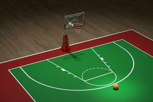 basketbal rechtbank met houten vloer, 3d weergave. foto