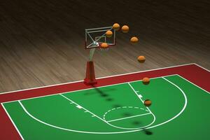 basketbal rechtbank met houten vloer, 3d weergave. foto