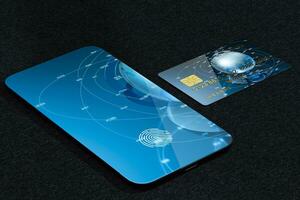 bank kaarten en mobiel telefoon met vingerafdruk identificatie, 3d renderen foto