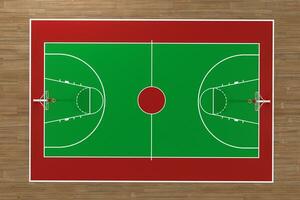 top visie van basketbal rechtbank met houten vloer, 3d weergave. foto