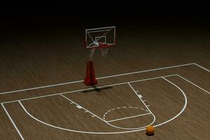 basketbal rechtbank met houten vloer, 3d weergave. foto