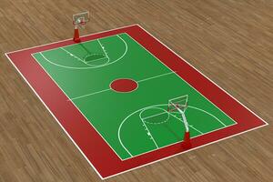 basketbal rechtbank met houten vloer, 3d weergave. foto