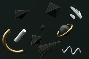 gouden en zwart abstract voorwerpen, 3d weergave. foto