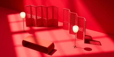 Chinese scherm en lamp met rood achtergrond, 3d weergave. foto