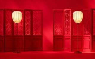 Chinese scherm en lamp met rood achtergrond, 3d weergave. foto