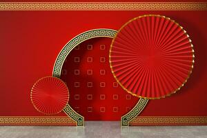 rood Chinese stijl fan, traditioneel decoratie, 3d weergave. foto
