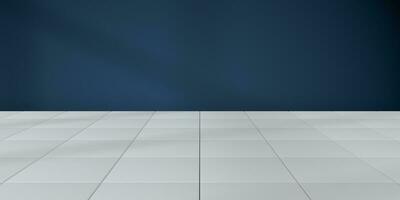 wit kubiek verdieping met blauw muur achtergrond, 3d weergave. foto