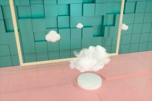 tekenfilm wolken en tekenfilm kubussen, geometrie kamer, 3d weergave. foto