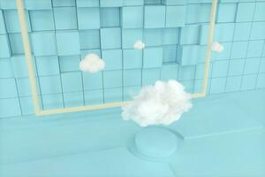 tekenfilm wolken en tekenfilm kubussen, geometrie kamer, 3d weergave. foto